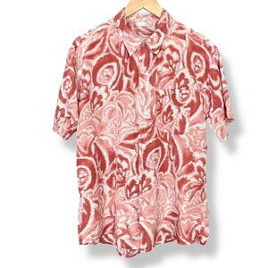Silk Shirt Patterned Short Sleeve Men Button-Up Abstract‎ Floral Pink White